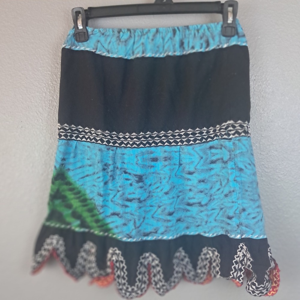 Boho Tie Dye Mini Skirt Blue Green Embroidered Scalloped Hem Festival Style